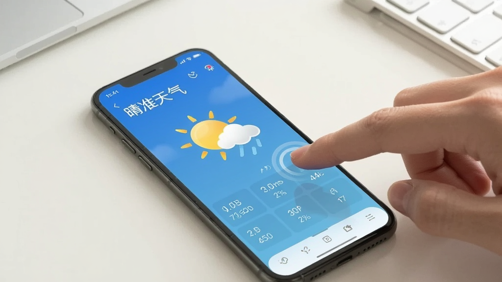 一张展示晴准天气在手机上运行流畅的图片,画面中一部手机屏幕显示天气详情页,旁边有手指点击屏幕的操作示意,背景为简洁的浅色桌面,风格清新明快,画质清晰,图片中文字内容为“晴准天气”