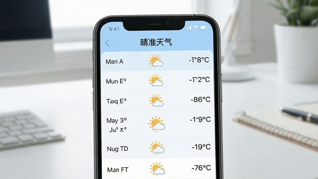 一张展示晴准天气多日预报功能的图片,画面主体是一部智能手机,屏幕内显示七日天气趋势列表,左侧是日期,中间是天气图标,右侧是温度范围,界面配色为淡蓝色与白色搭配,背景为简洁的室内桌面环境,画质清晰,图片中文字内容为“晴准天气”