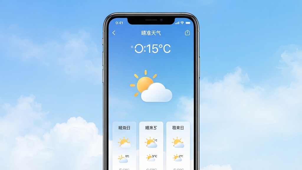 一张展示晴准天气手机应用主界面的图片,画面中央是一部竖屏智能手机,屏幕内显示晴准天气的界面,顶部是城市名称和当前温度,中部有太阳和云朵的天气图标,下方排列着未来几天的天气趋势小卡片,背景是柔和的蓝天白云渐变,整体风格干净清爽,画质清晰,无多余元素,图片中文字内容为“晴准天气”