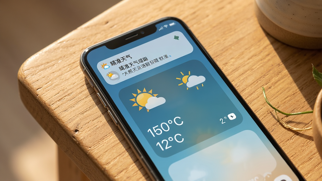 一张展示晴准天气桌面小组件与通知提醒的图片,画面中一部手机放置在木质桌面上,屏幕显示桌面小组件区域有天气温度信息,顶部通知栏有一条天气提醒,整体风格温馨自然,画质清晰,图片中文字内容为“晴准天气”