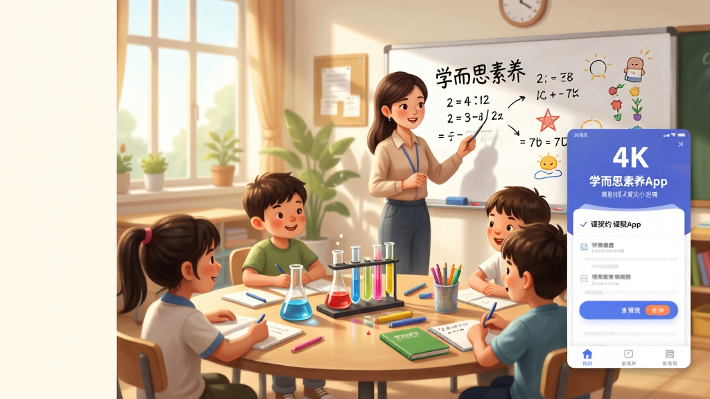 一幅学而思素养本地小班课场景的AI生图,画面主体是一间明亮的教室,教室内有六名小学生围坐在一张圆形课桌旁,桌上摆放着实验器材和彩色文具,一位年轻老师站在白板前讲解;布局采用透视构图,教室前方为视觉焦点,后方有窗户和绿植;排版上画面左侧留白,右侧展示学而思素养App的课程预约界面悬浮窗;风格为温馨写实的插画风格,色调温暖柔和;细节上孩子们表情专注愉快,白板上写着趣味公式和图案;画质为4K超清,画面干净,无多余元素。