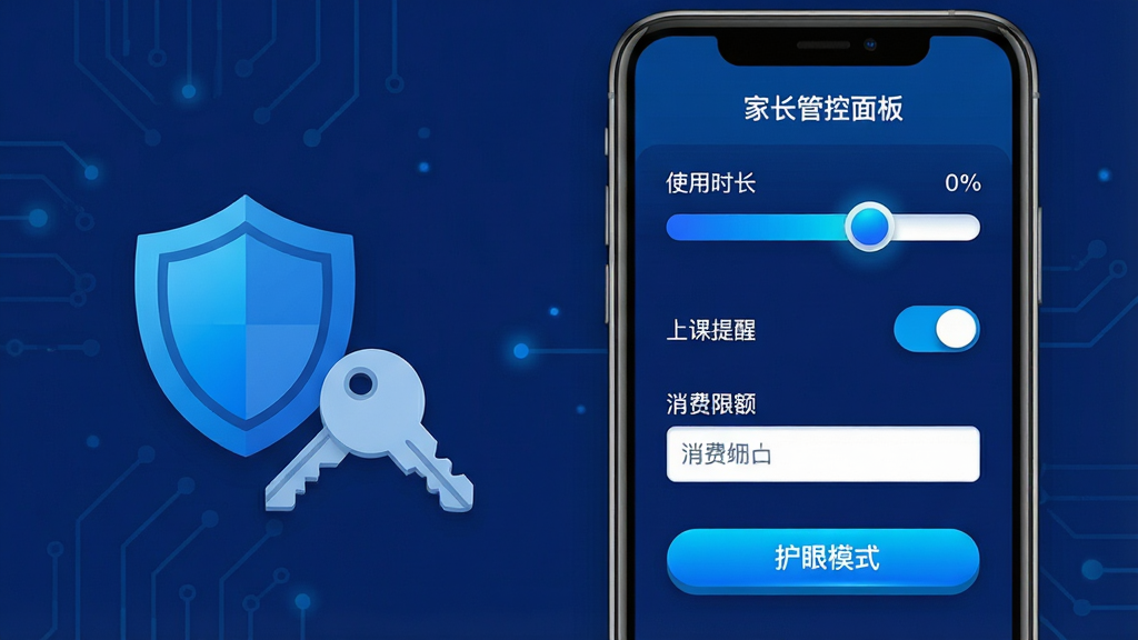 一张学而思素养家长中心设置界面的生图,画面主体是一部手机,屏幕内显示家长管控面板,包含使用时长滑块、上课提醒开关、消费限额输入框和护眼模式按钮;手机旁边有一个盾牌图标和一把钥匙,象征安全与管控;布局采用左右分栏,手机居右,图标居左;风格为科技感扁平设计,深蓝色背景搭配亮蓝色高亮元素;细节上滑块有渐变效果,开关按钮有立体感;画质为高清,画面干净,无多余元素。
