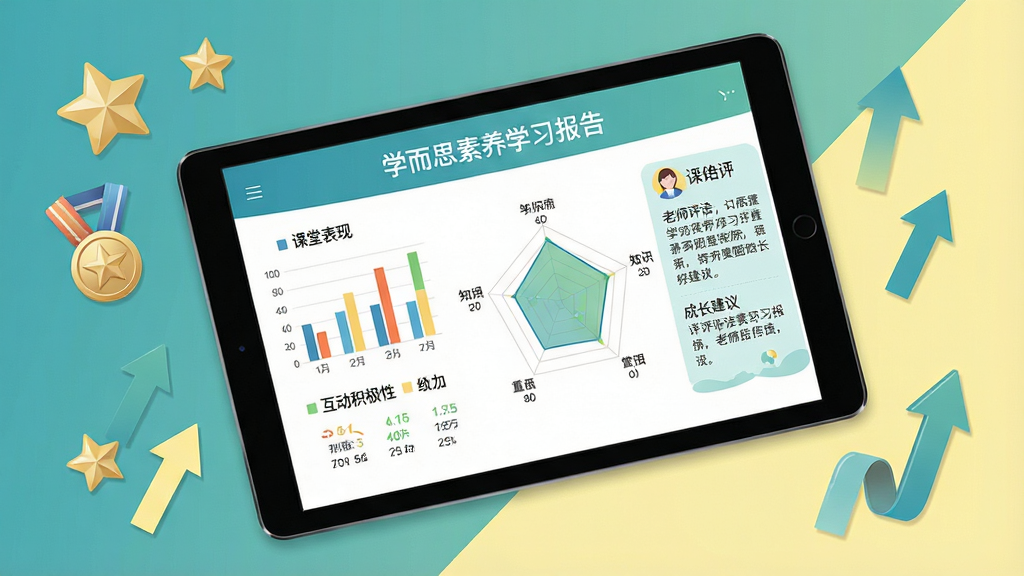 一张学而思素养学习报告页面的手机截图风格生图,画面中央是一部横放的平板电脑,屏幕内显示彩色图表和雷达图,图表标注着课堂表现、知识掌握、互动积极性等维度,右侧有老师评语和成长建议;平板周围散落着星星、奖章、上升箭头等装饰元素;布局采用对角线构图,平板倾斜放置,装饰元素沿对角线分布;风格为清新简约的扁平化设计,色彩以蓝绿色和淡黄色为主;细节上图表数据清晰可读,奖章有金属光泽;画质为高清,画面干净,无多余元素。