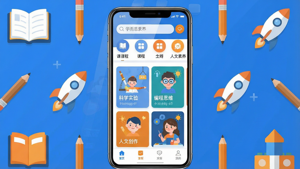 一张展示学而思素养App首页界面的手机应用展示图,画面中央是一部竖屏智能手机,屏幕内显示学而思素养App的首页,顶部有搜索栏和课程分类图标,中部展示科学实验、编程思维、人文创作等课程卡片,底部有导航栏;手机周围环绕着书本、铅笔、小火箭、积木等教育元素图标;整体布局采用居中构图,手机为主体,四周元素对称分布;风格为现代扁平化UI设计风格,色彩以蓝色和橙色为主色调,明亮活泼;细节上手机屏幕有轻微反光效果,图标边缘清晰锐利;画质为高清2K,画面干净整洁,无多余杂乱元素。