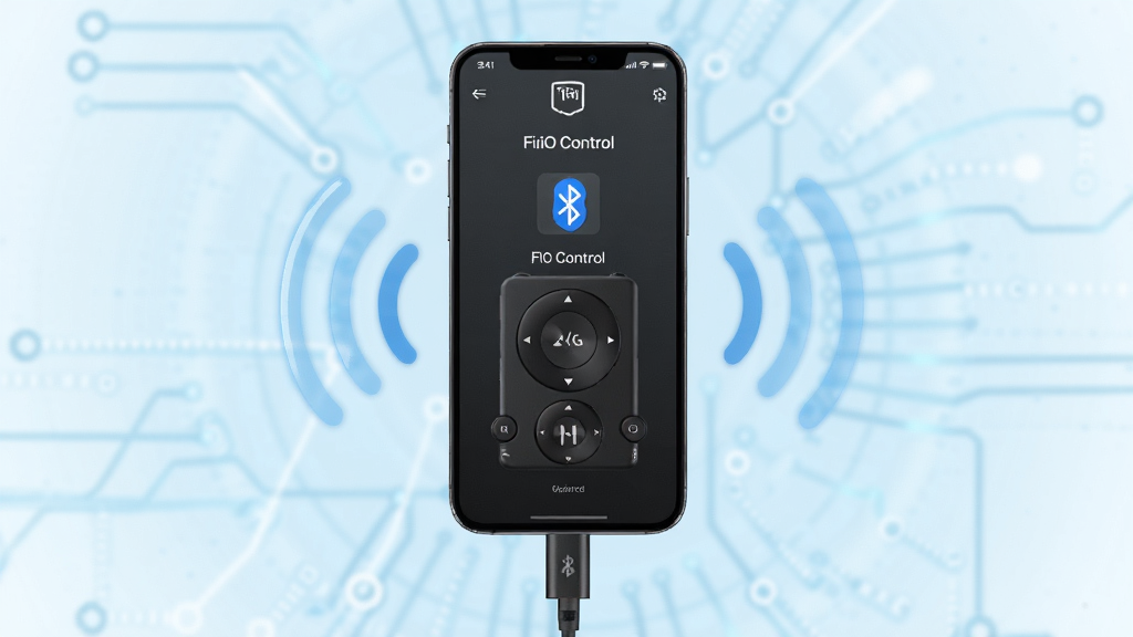 一部手机通过蓝牙无线连接飞傲音乐播放器,手机屏幕显示FiiO Control应用中的设备连接成功界面,周围有蓝牙信号波纹图标,背景为淡蓝色科技光晕,布局居中,风格简洁明快,细节清晰,画质高清干净无多余元素