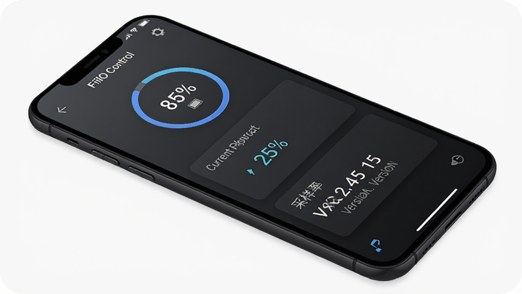 手机屏幕显示FiiO Control应用中的设备状态监控页面,包含电量百分比圆形图标、当前播放格式文字、采样率数值和固件版本信息,界面为深色主题,数据以卡片形式排列,背景为简约的深灰渐变,布局清晰,风格现代数据可视化,细节丰富,画质高清干净无多余元素