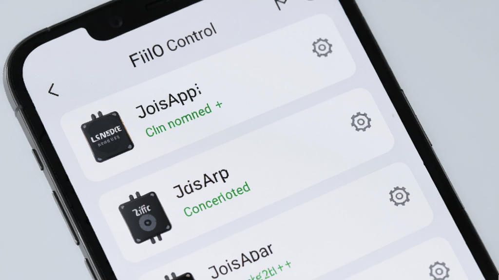 手机屏幕显示FiiO Control应用中的多设备管理列表界面,列表中展示多台飞傲播放器和耳放的名称与连接状态,每台设备旁有设置图标,界面以浅色卡片式布局呈现,背景为柔和浅灰,风格清爽简约,细节清晰,画质高清干净无多余元素
