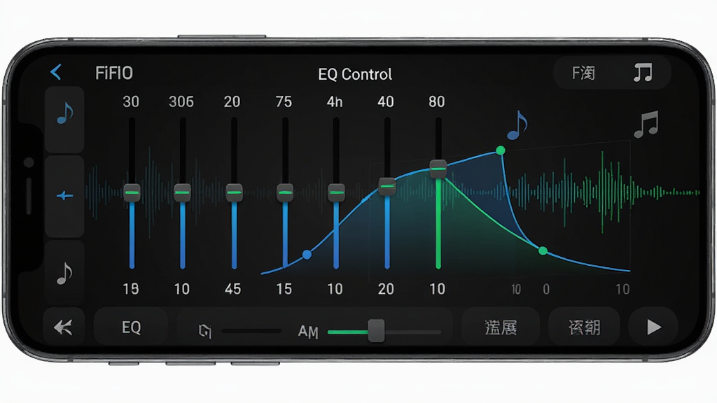 FiiO Control应用中的EQ均衡器调节界面,手机屏幕显示多段频率滑块和滤波器选项,界面以深色为底,蓝色和绿色高亮显示调节曲线,周围有音符和声波图形装饰,布局规整,风格专业音频科技感,细节精致,画质高清干净无多余元素