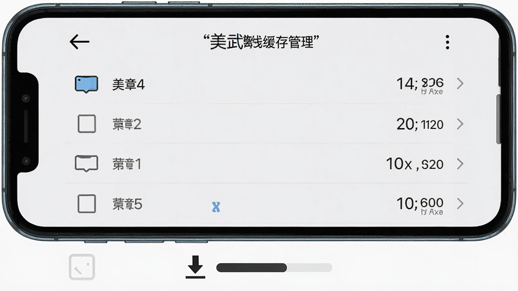 画面中央展示一部手机,屏幕显示“美武”离线缓存管理页面,列表项左侧有勾选框,右侧显示章节数与文件大小,背景为浅灰色,手机下方有下载进度条图标,整体风格为简约工具风,细节包括数字清晰、图标简洁,画质高清,干净,无多余元素