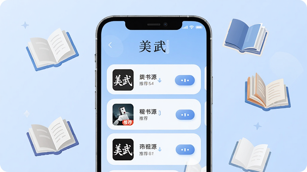 画面中央为一部手机,手机屏幕显示“美武”换源界面,列表中有三个书源选项,其中一个标注“推荐”,背景为淡蓝色渐变,手机周围漂浮着几本打开的书本图标,整体风格为扁平科技感,细节包括按钮圆角、文字清晰,画质高清,干净,无多余元素
