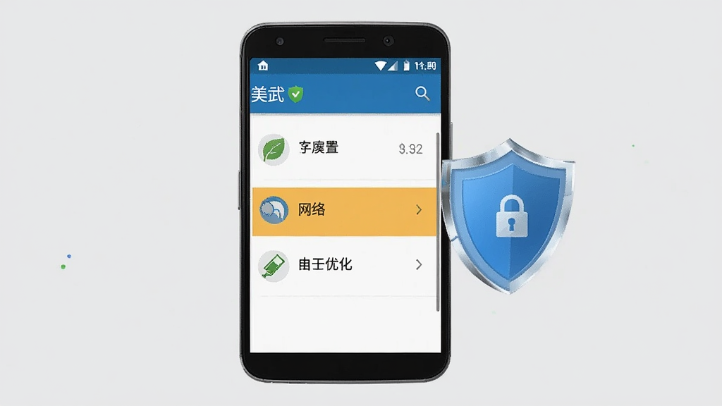 画面中央为一部安卓手机,屏幕显示“美武”权限设置界面,列表中有存储、网络、电池优化三项,其中存储权限被高亮标注,背景为浅灰色,手机旁边有盾牌图标,整体风格为安全提示风,细节包括图标清晰、文字醒目,画质高清,干净,无多余元素