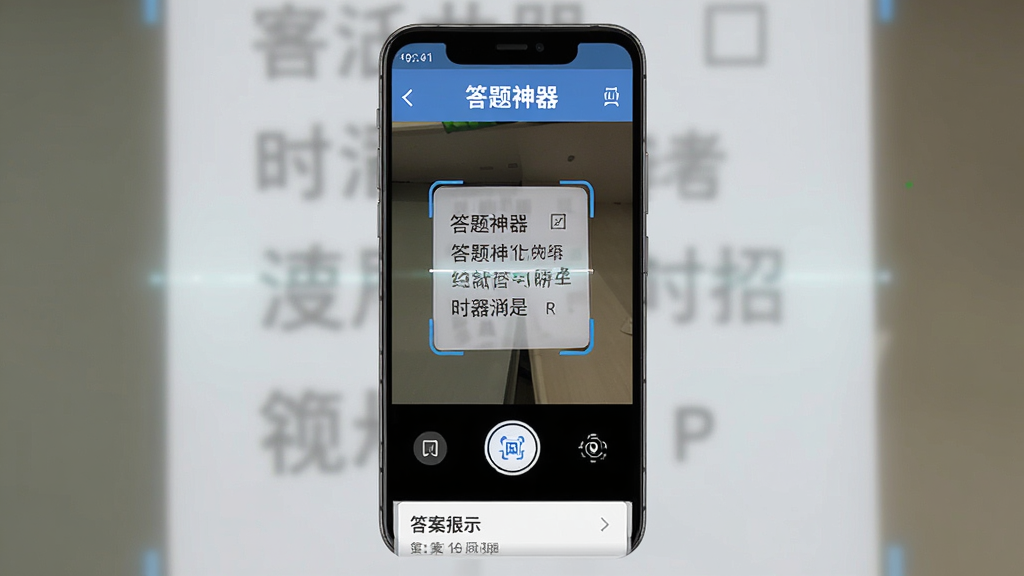 一款名为答题神器的手机应用界面展示,主体为一部竖屏安卓手机,屏幕中央显示拍照识别题目的操作画面,上方有答题神器的中文名称标识,布局简洁清晰,排版采用上下结构,风格为现代科技感扁平化设计,细节包括扫描框、识别按钮、答案展示区域,画质高清,干净,无多余元素