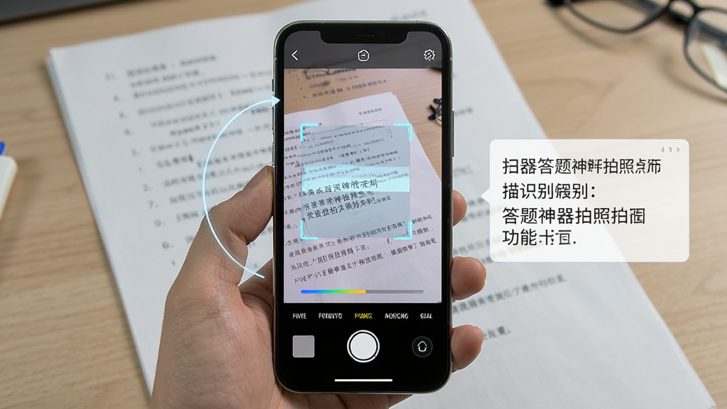 答题神器拍照扫描识别功能展示图,主体为手机摄像头对准纸质试卷的场景,布局为手机屏幕内显示识别框与提取的文字内容,排版突出扫描区域与识别结果对比,风格为写实科技风,细节包括试卷文字、手机界面、识别进度条,画质高清,干净,无多余元素
