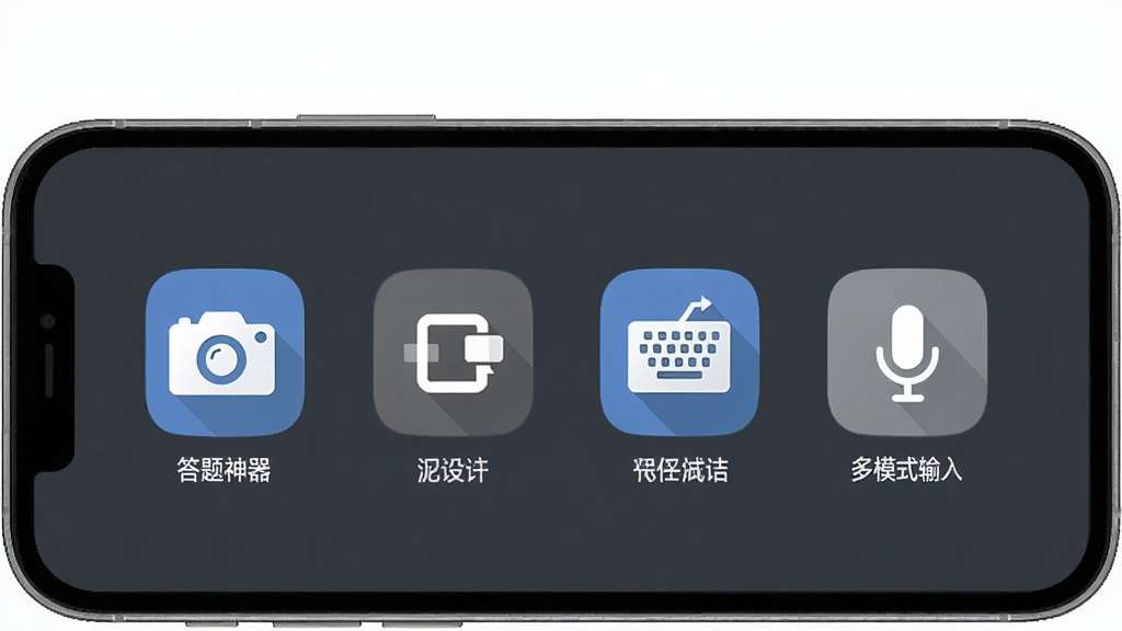 答题神器多模式输入功能展示图,主体为一部手机屏幕,布局为四个功能入口图标横向排列,排版整齐,风格为简约扁平化设计,细节包括拍照图标、截图图标、键盘图标、麦克风图标及对应文字标签,画质高清,干净,无多余元素