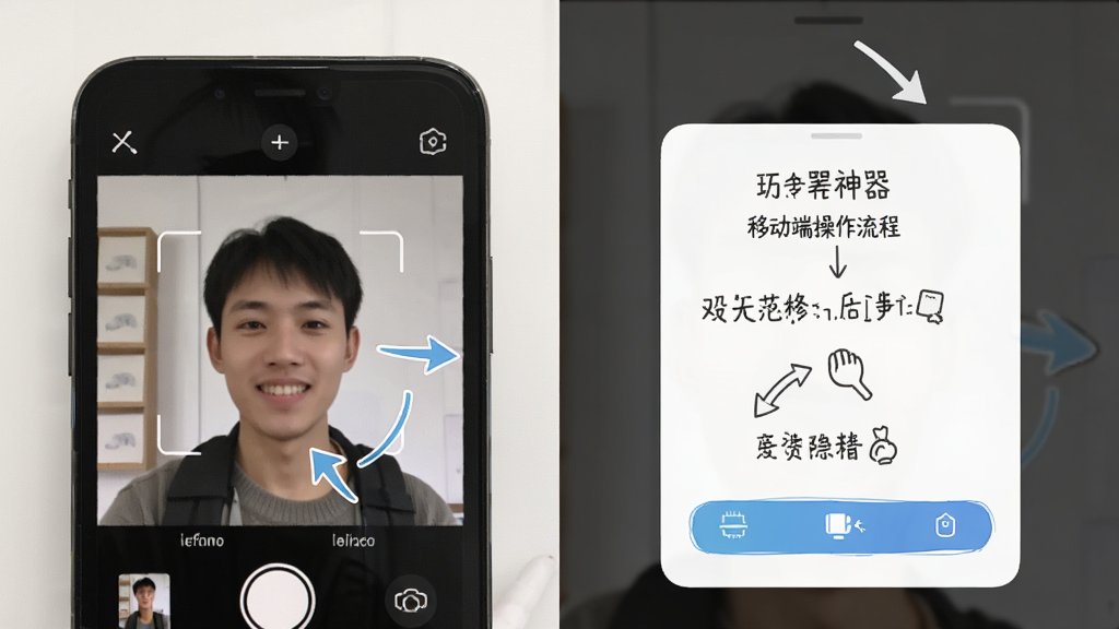 答题神器移动端操作界面截图,主体为手机屏幕显示拍照识别与悬浮窗操作流程,布局为左右分栏展示操作步骤,排版清晰,风格为教程类图文设计,细节包括手机界面、操作箭头、文字标注,画质高清,干净,无多余元素