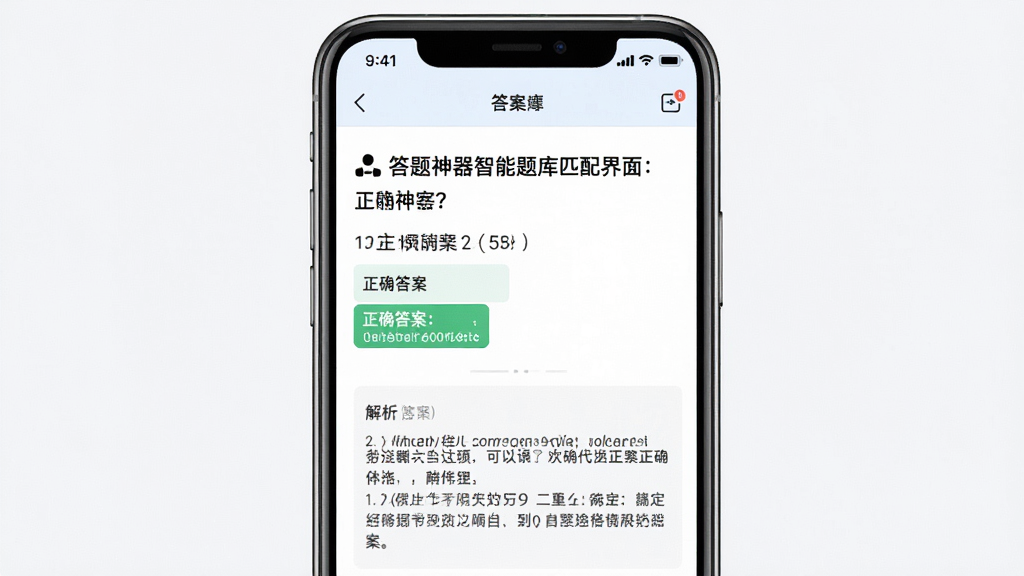 答题神器智能题库匹配界面展示图,主体为手机屏幕显示题目与答案对照画面,布局为上方题目下方答案的垂直结构,排版清晰,风格为教育类应用简洁风,细节包括题目文字、正确答案高亮、解析文字区域,画质高清,干净,无多余元素
