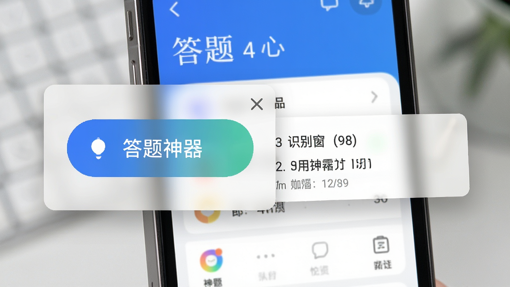 答题神器悬浮窗快捷操作展示图,主体为手机屏幕同时显示答题应用与悬浮按钮,布局为悬浮窗位于屏幕侧边,排版突出悬浮窗与背景应用的层级关系,风格为现代移动端UI设计,细节包括悬浮按钮、半透明背景、识别结果浮层,画质高清,干净,无多余元素