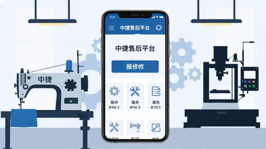 画面中央展示一部智能手机,手机屏幕显示中捷售后平台的首页界面,界面中包含报修按钮和服务菜单,手机背后是简洁的工厂车间背景,画面左侧放置一台中捷缝纫机剪影,画面右侧放置一台中捷机床剪影,整体采用扁平化插画风格,配色以蓝色和白色为主,细节包括工具图标和齿轮元素,画质清晰干净,无多余元素,图中文字标注