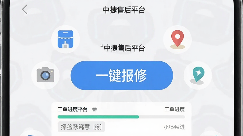 画面展示一个手机应用界面,界面中央有一个醒目的蓝色报修按钮,按钮上方显示