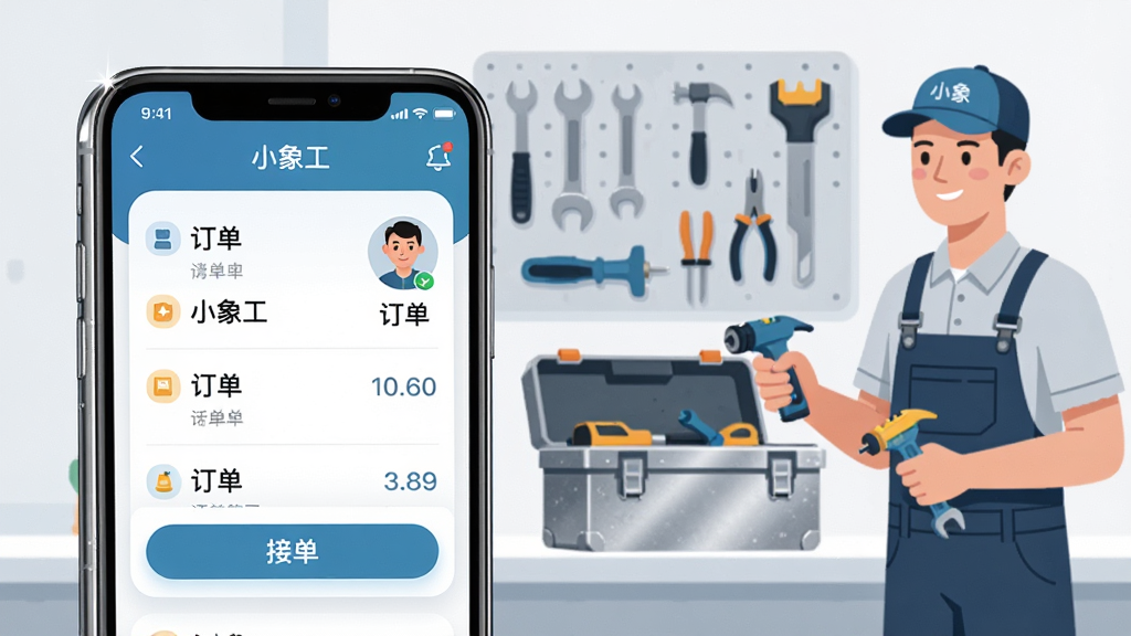 画面中央展示一部智能手机,手机屏幕上显示“小象工”应用的主界面,界面包含订单列表、接单按钮和师傅头像,背景是整洁的工具墙和安装工具箱,布局采用左右分栏,左侧为手机特写,右侧为安装师傅手持工具的工作场景,排版简洁明快,风格为现代扁平化科技风,细节包括手机边缘的高光、界面图标的圆角处理、工具箱的金属质感,画质清晰干净,无多余元素