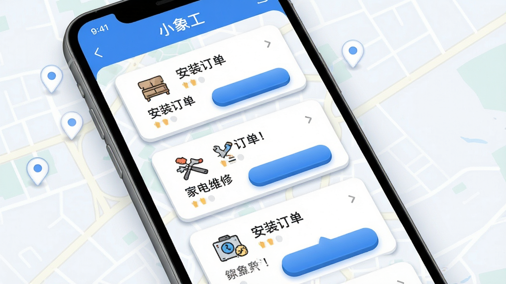 手机屏幕中显示“小象工”的订单列表页面,页面上排列着多个安装订单卡片,卡片上有家具安装、家电维修等图标,背景是城市地图的浅色轮廓,布局采用上下滚动式列表,排版清晰,风格为清爽的蓝白配色,细节包括卡片阴影、按钮的立体感、地图上的定位标记,画质高清干净,无多余元素