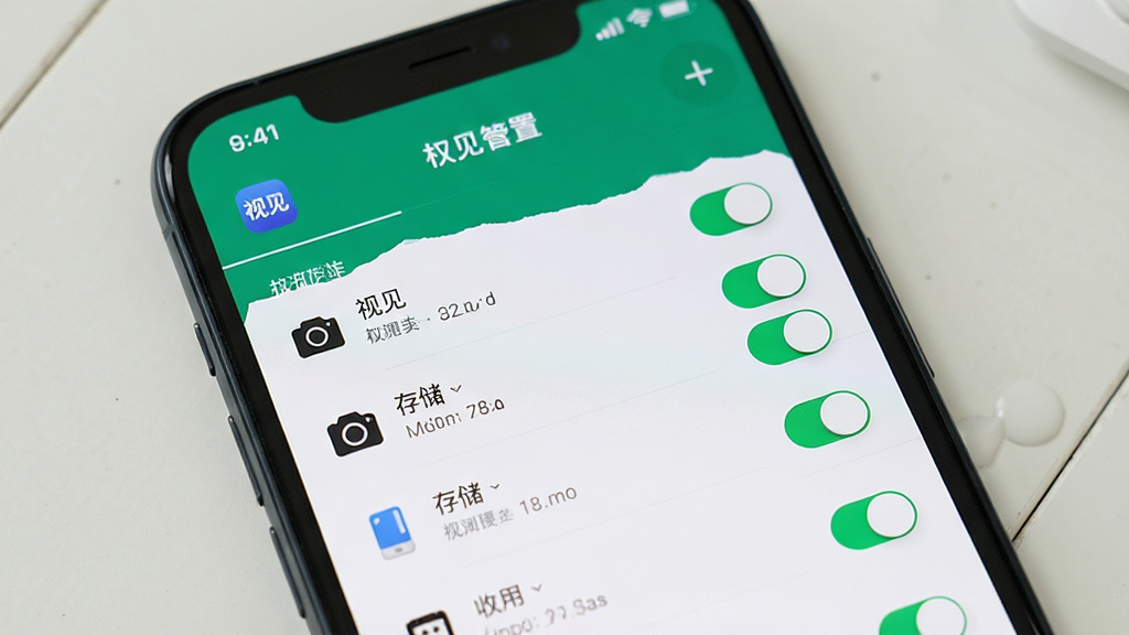视见软件权限设置界面,主体为手机屏幕显示应用权限管理页面,布局为列表式排列,排版清晰,风格系统原生感,细节包括相机、存储等权限开关和“视见”应用名称,画质高清干净无多余元素