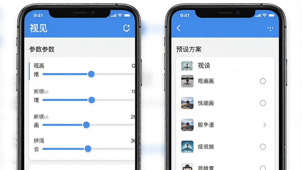 视见软件个性化视觉设置界面,主体为手机屏幕显示参数调节滑块和预设方案列表,布局为上下结构,排版整齐,风格现代扁平化,细节包括“视见”标题和多个调节选项,画质高清干净无多余元素