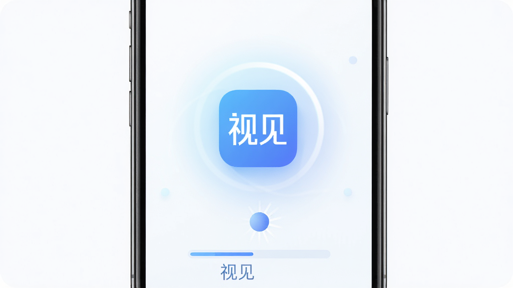 视见软件轻量启动界面,主体为手机屏幕上显示视见app的启动图标和加载动画,布局为中心图标加周围光效,排版极简,风格清爽明快,细节包括“视见”文字和进度条,画质高清干净无多余元素