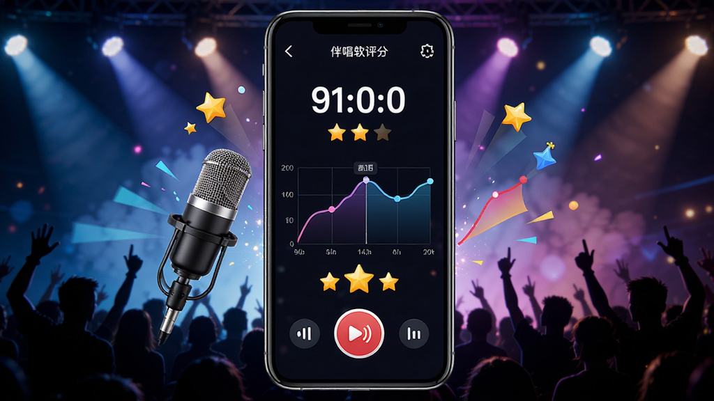 伴唱软件录音评分界面,手机屏幕显示评分分数与音准曲线,背景为舞台灯光与观众剪影,主体为手机与评分动画,布局居中,排版动感,风格活力四射,细节包含麦克风、星星评分、录音按钮,画质高清,干净,无多余元素
