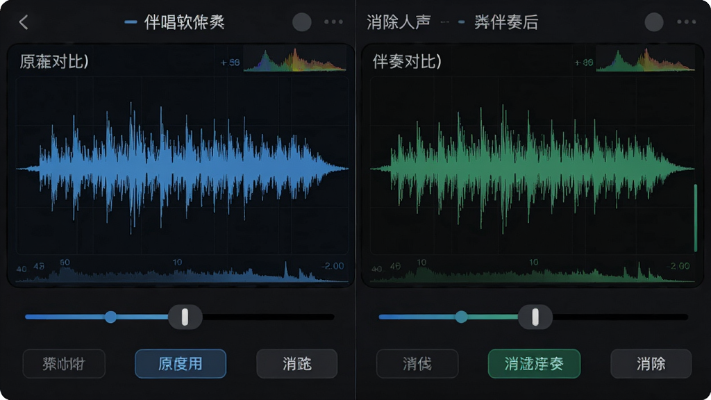 伴唱软件人声消除功能演示图,画面展示音频波形对比,左侧为原曲波形,右侧为消除人声后的伴奏波形,主体为波形图与调节滑块,布局左右对比,排版清晰,风格科技感,细节包含音频频谱、调节按钮,画质高清,干净,无多余元素