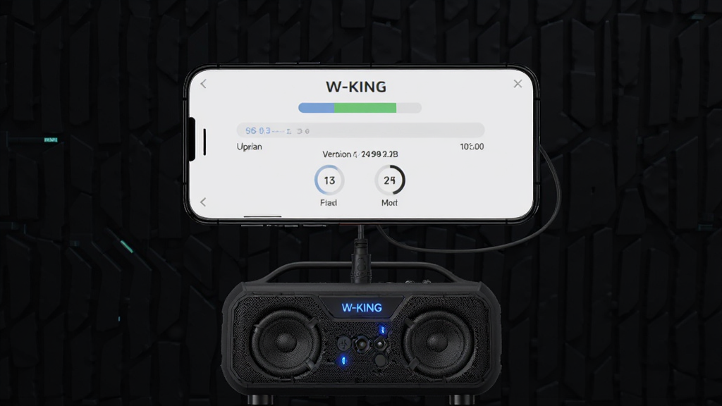一幅展示W-KING应用固件升级界面的场景图,画面中央是手机屏幕显示升级进度条和版本号对比,手机下方连接着一台W-KING户外音箱,音箱指示灯呈蓝色闪烁状态,背景是深色科技纹理,画面采用居中构图,风格简约现代,细节精致,画质高清,干净无杂乱