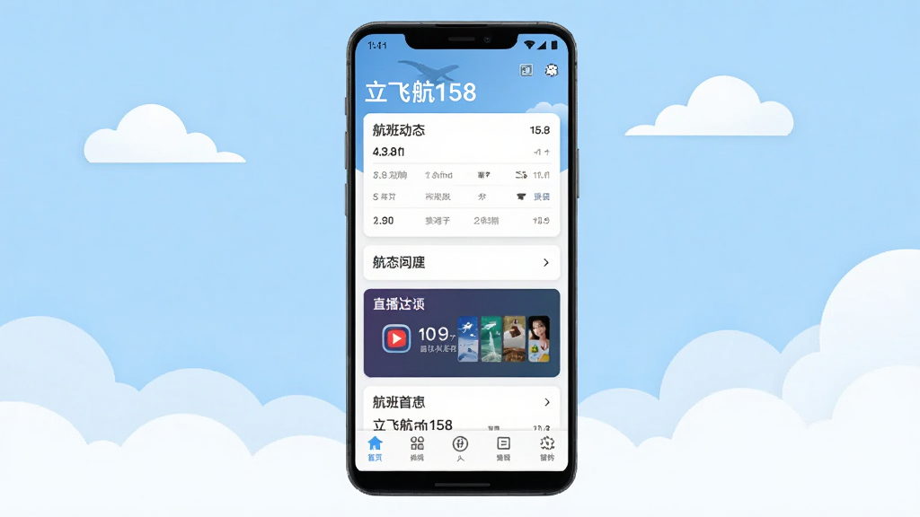 一张展示立飞航158应用主界面的手机预览图,画面中央是一部竖屏安卓手机,屏幕上显示立飞航158的首页布局,包含航班动态卡片、直播入口和底部导航栏,背景为浅蓝色天空与云朵的简约插画,整体风格清爽现代,排版居中,细节清晰,画质干净,无多余元素