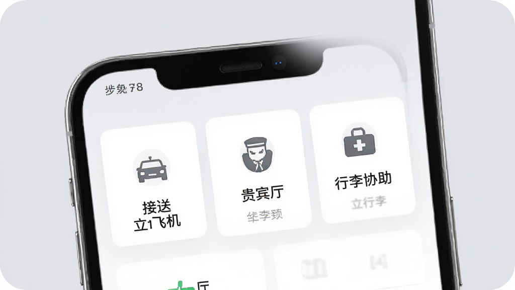 一张展示立飞航158出行服务预约功能的界面图,画面为手机屏幕特写,屏幕上显示服务预约分类列表,包含接送机、贵宾厅、行李协助等图标,背景为柔和的浅灰色,排版整齐,风格简约清新,细节清晰,画质干净,无多余元素