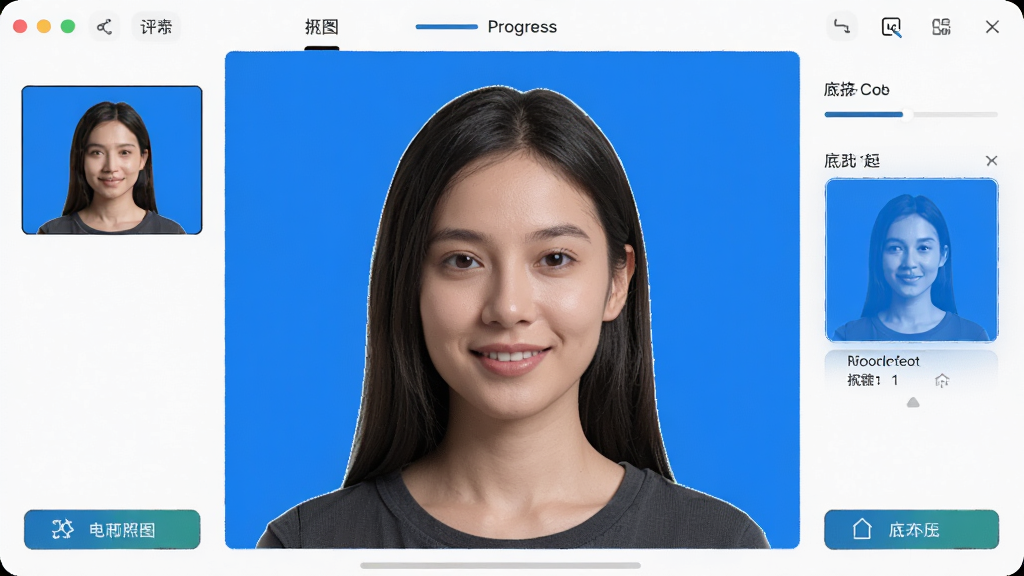 一张展示电子照软件智能抠图功能的图片,画面中人物照片被自动抠出,背景从杂乱变为纯蓝色,界面显示抠图进度和底色选项,风格为科技感写实,细节包括人物边缘平滑、界面按钮清晰,画质高清,干净,无多余元素