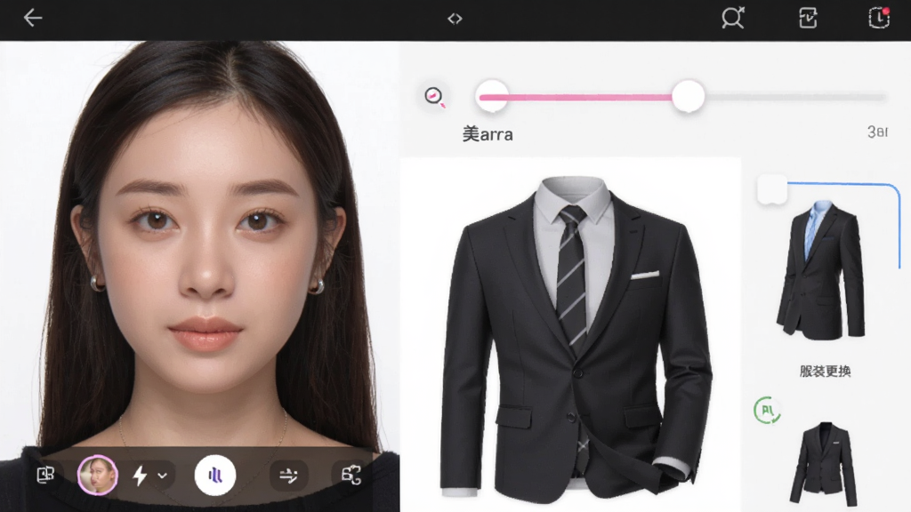 一张展示电子照软件美颜和服装更换功能的图片,画面中人物证件照正在调整肤色和更换西装,界面显示美颜滑块和服装选项,风格为清新写实,细节包括人物面部自然、服装贴合,画质高清,干净,无多余元素