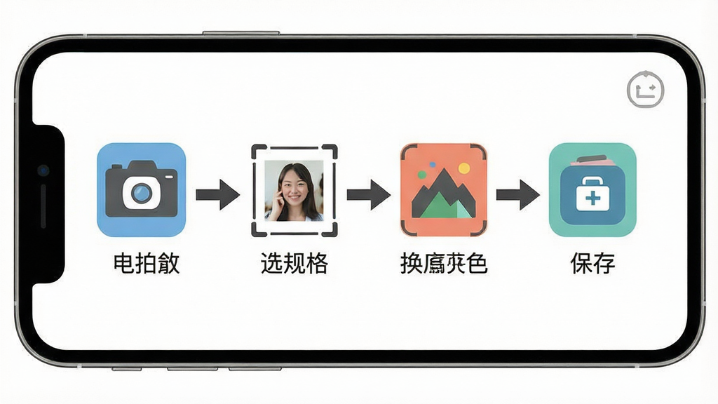 一张展示电子照软件使用教程的图片,画面中手机屏幕显示分步操作指引,包括拍摄、选规格、换底色、保存等步骤图标,风格为扁平化教学风格,细节包括步骤箭头和文字说明,画质高清,干净,无多余元素