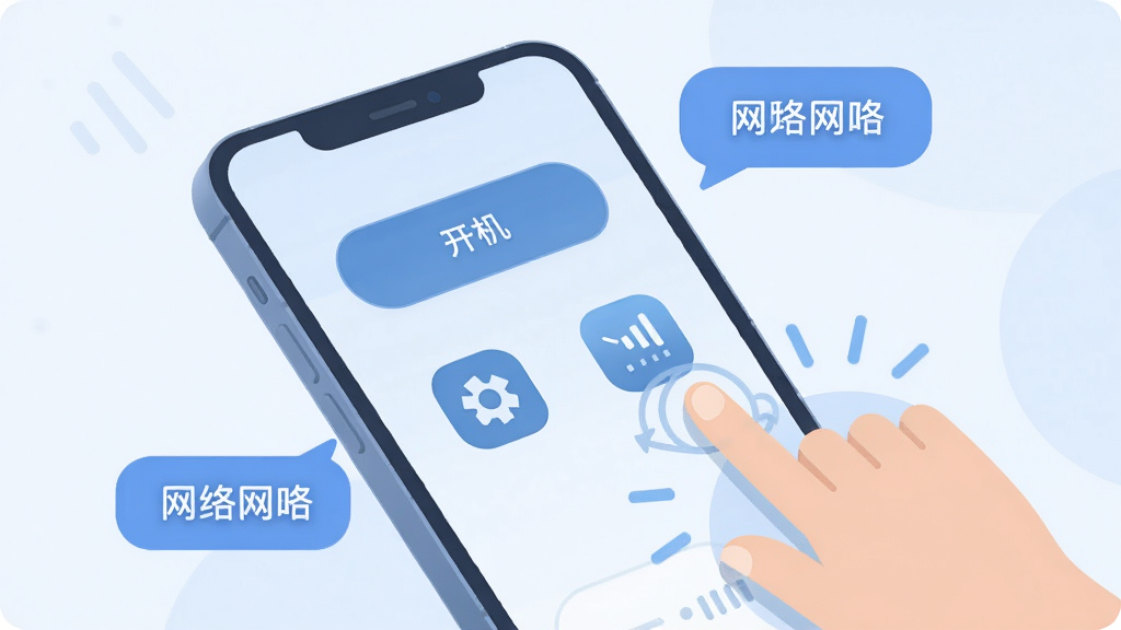指怀云手机新手操作指引界面,画面中一部手机显示云手机控制台,旁边有手指点击屏幕的动画示意,画面中包含开机按钮、应用安装图标、网络信号标识,布局为手机特写加周围浮动的提示气泡,风格为扁平化教程插画,细节包括柔和的蓝色调、清晰的图标线条、简洁的背景,画质高清,干净,无多余元素