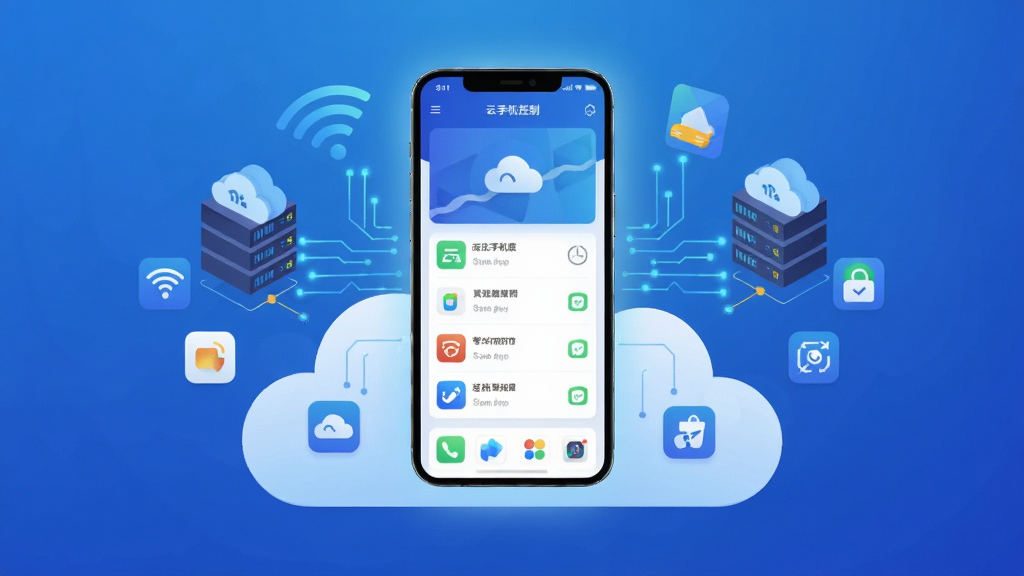 指怀云手机软件界面全貌展示,画面中央是一部悬浮在云端的智能手机,手机屏幕显示云手机控制面板和应用列表,周围环绕着WiFi信号图标、云端服务器机架、多个小型应用图标,布局采用左右对称的科技感构图,风格为扁平化科技插画,细节包括渐变蓝色背景、发光的数据流线条、手机边缘的柔光效果,画质高清,干净,无多余元素