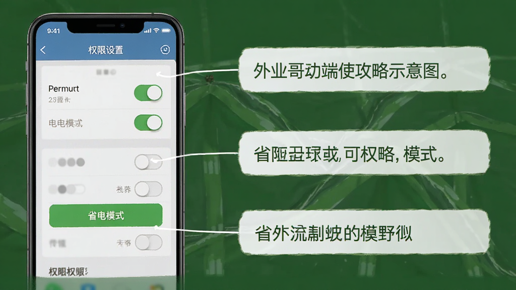 外业哥移动端使用攻略示意图,主体为手机屏幕显示设置界面和权限开关,布局为左侧手机右侧标注说明,排版清晰,风格为教程图解风,细节包括权限开关图标、省电模式按钮和文字标注,画质高清,画面干净无多余元素