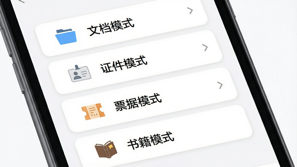 明锐扫描助手多模式扫描选择界面图,主体为手机屏幕中显示“文档模式”“证件模式”“票据模式”“书籍模式”四个选项卡,布局为纵向排列,排版清晰,风格为清新简约风,细节上每个选项卡配有对应图标、背景为白色,画质高清,干净,无多余元素