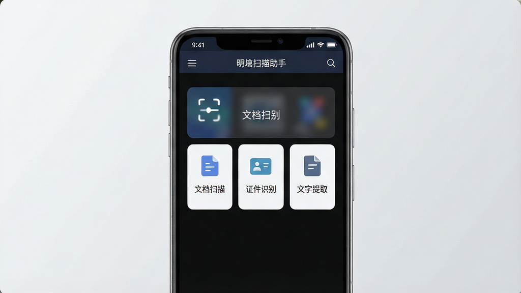 一张展示明锐扫描助手手机应用界面的产品预览图,主体为一部竖屏安卓手机,屏幕中显示扫描助手首页,包含“文档扫描”“证件识别”“文字提取”三个功能卡片,布局简洁居中,排版整齐,风格为现代扁平化科技风,细节上手机边框圆润、背景为浅灰色渐变,画质高清,干净,无多余元素
