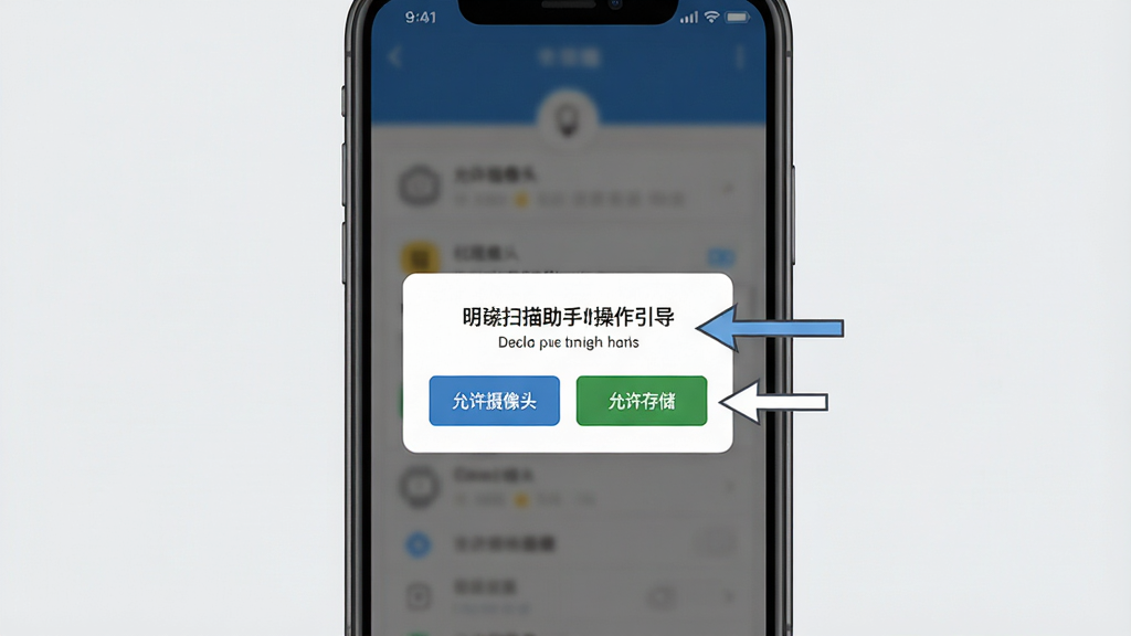 明锐扫描助手新手操作引导图,主体为一部手机屏幕中显示权限请求弹窗和操作提示箭头,布局为居中展示,排版简洁,风格为扁平化教程风,细节上包含“允许摄像头”“允许存储”按钮、背景为浅灰色,画质高清,干净,无多余元素
