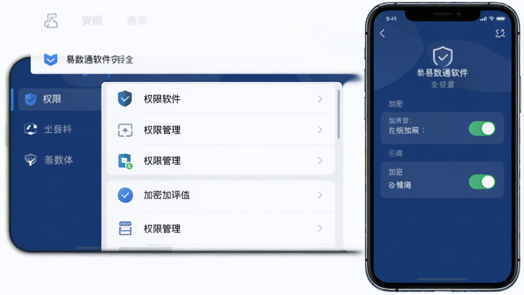 易数通软件的安全设置页面图,手机屏幕展示权限管理列表和加密开关选项,界面以深蓝色和白色为主色调,图标线条简约,布局整齐,风格专业沉稳,画质干净,无多余装饰元素