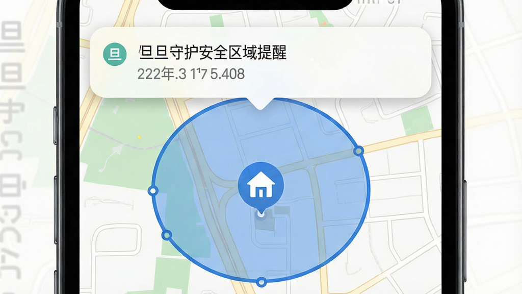 旦旦守护安全区域提醒功能界面,画面展示一部手机屏幕,地图上用半透明蓝色圆形标注安全区域,区域中心有家庭图标,屏幕上方弹出提醒通知卡片,背景为白色简洁风格,布局为手机正面特写,细节包含通知文字、时间戳、区域边界线,画质清晰干净无多余元素