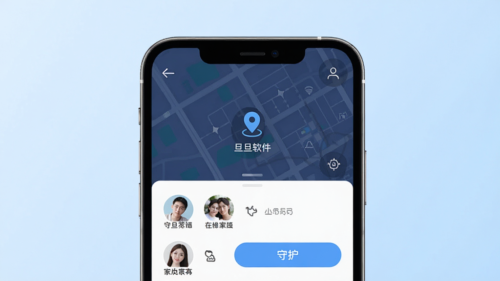 旦旦守护软件主界面展示,画面中央是一部智能手机,屏幕上显示简洁的地图界面与家人头像列表,背景为柔和的浅蓝色渐变,主体突出手机与界面细节,布局居中对称,风格清新科技感,细节包含定位图标、守护按钮、家人头像,画质清晰干净无多余元素