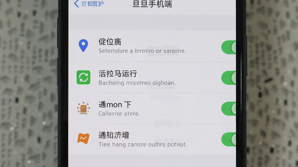 旦旦守护手机端设置界面截图风格,画面展示一部手机屏幕显示权限管理页面,包含定位、后台运行、通知等开关选项,背景为浅灰色系统设置风格,主体为手机与设置列表,布局为正视特写,细节包含开关按钮、权限图标、说明文字,画质清晰干净无多余元素
