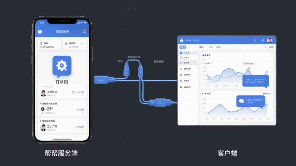 帮就帮服务端多端协同示意图,画面左侧为手机服务端界面,右侧为客户端界面,中间用数据线连接,布局对称,风格简约商务,细节包含订单同步图标与消息气泡,画质高清,干净,无多余元素