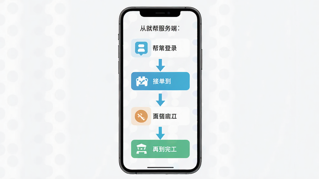 帮就帮服务端新手操作流程图,画面以手机屏幕为载体,展示从登录到接单再到完工的步骤分解,布局为纵向流程图,风格清新扁平,细节包含箭头指引与状态图标,画质高清,干净,无多余元素