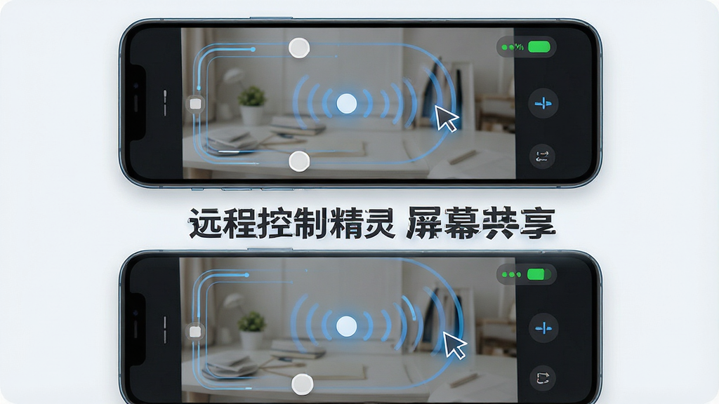 一张展示远程控制精灵屏幕共享功能的示意图,主体为两部手机屏幕同步显示同一画面,布局为上下排列,排版突出实时同步的视觉效果,风格为清爽浅色科技风,细节包括屏幕上的触控轨迹、操作光标和连接状态图标,画质高清干净,图片中文字为“远程控制精灵 屏幕共享”。