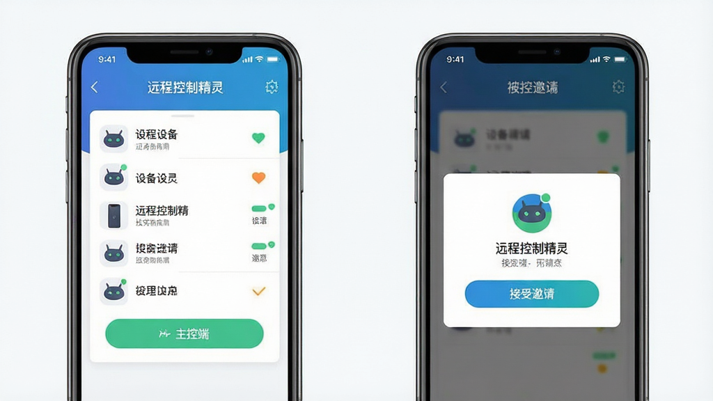 一张展示远程控制精灵软件界面的手机预览图,主体为两部智能手机,布局为左右并排展示,左侧手机显示主控端连接界面,右侧手机显示被控端接受邀请界面,排版简洁清晰,风格为现代科技感扁平化设计,细节包括屏幕上的连接按钮、设备列表和状态提示图标,画质高清干净,无多余元素,图片中文字为“远程控制精灵”。